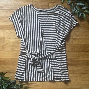 Apt. 9 Black and Cream Striped Tie Waist Short Sleeve Top